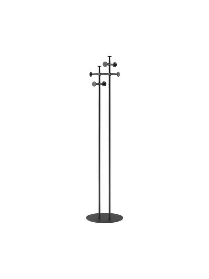 A minimalist black coat stand with a flat circular base, two tall vertical poles, and clusters of round hooks at the top.