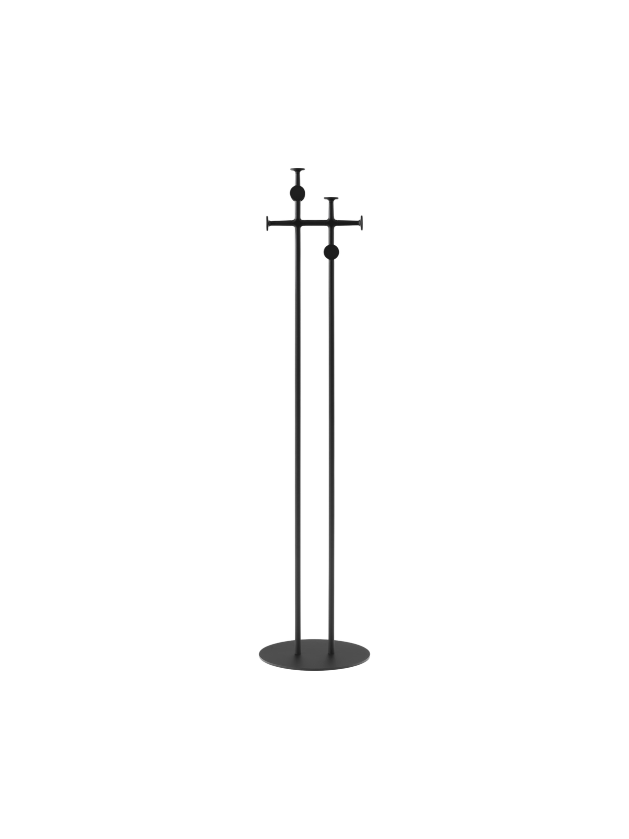 Back view of a minimalist black coat stand featuring two tall poles on a circular base and hooks at varying heights.