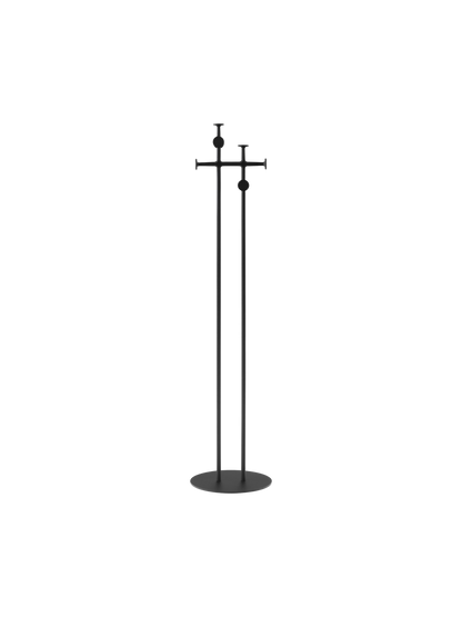 Back view of a minimalist black coat stand featuring two tall poles on a circular base and hooks at varying heights.