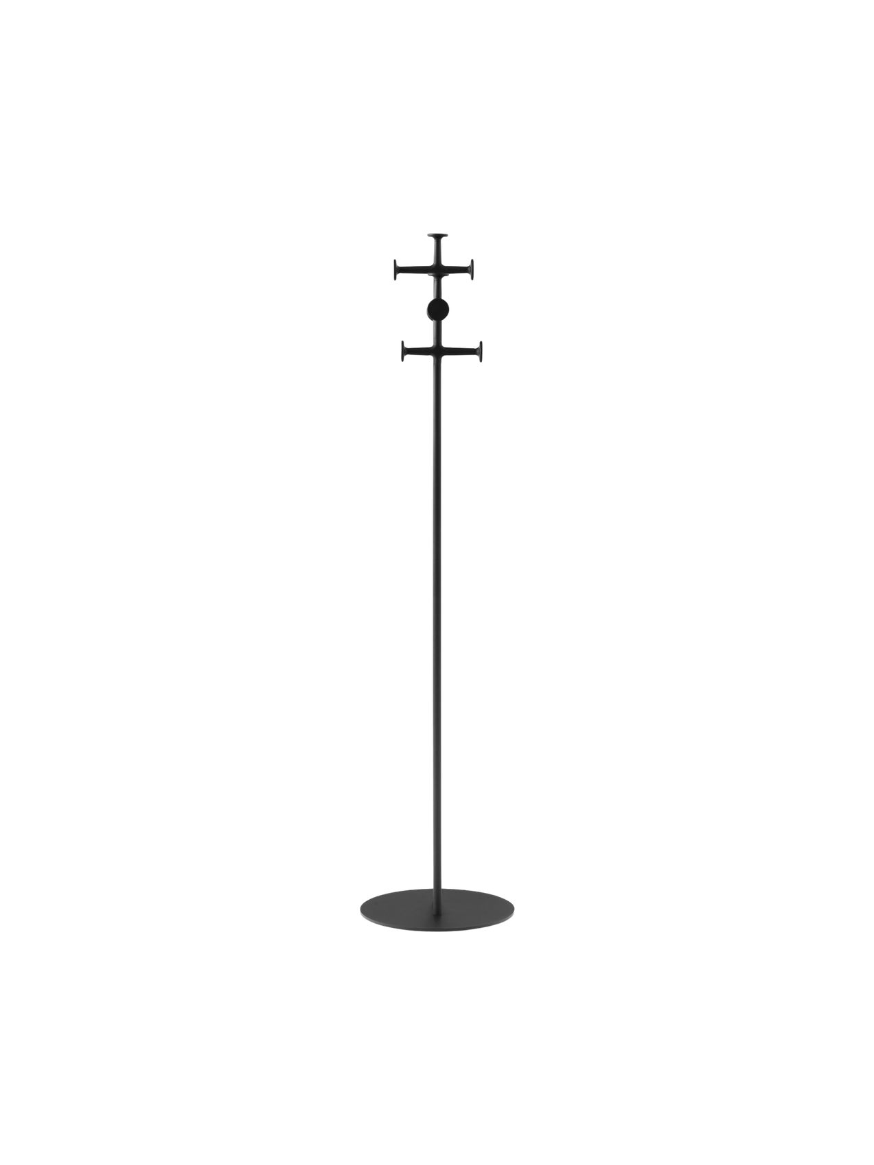 A tall, minimalist black coat stand with a slim pole, flat circular base, and two sets of cross-shaped hooks.