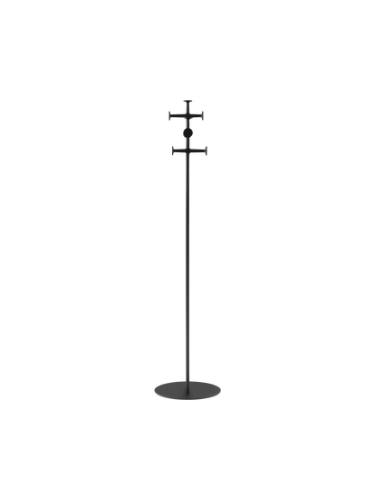 A tall, minimalist black coat stand with a slim pole, flat circular base, and two sets of cross-shaped hooks.