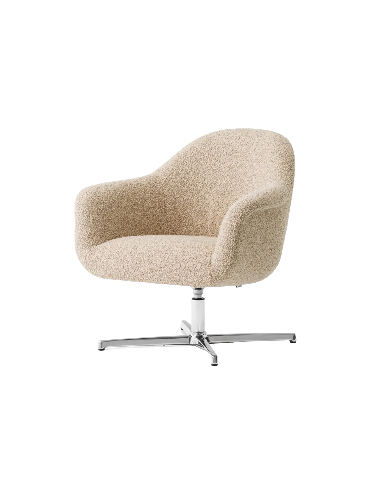An angled view of the Harbour Lounge Chair, with light beige bouclé upholstery and a polished aluminium star swivel base.