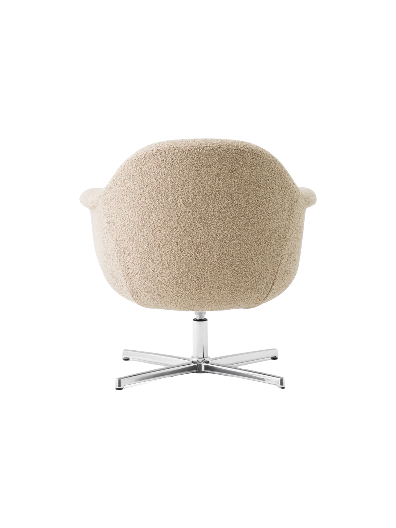 Back view of the Harbour Lounge Chair upholstered in a beige textured fabric with a polished aluminium star swivel base.
