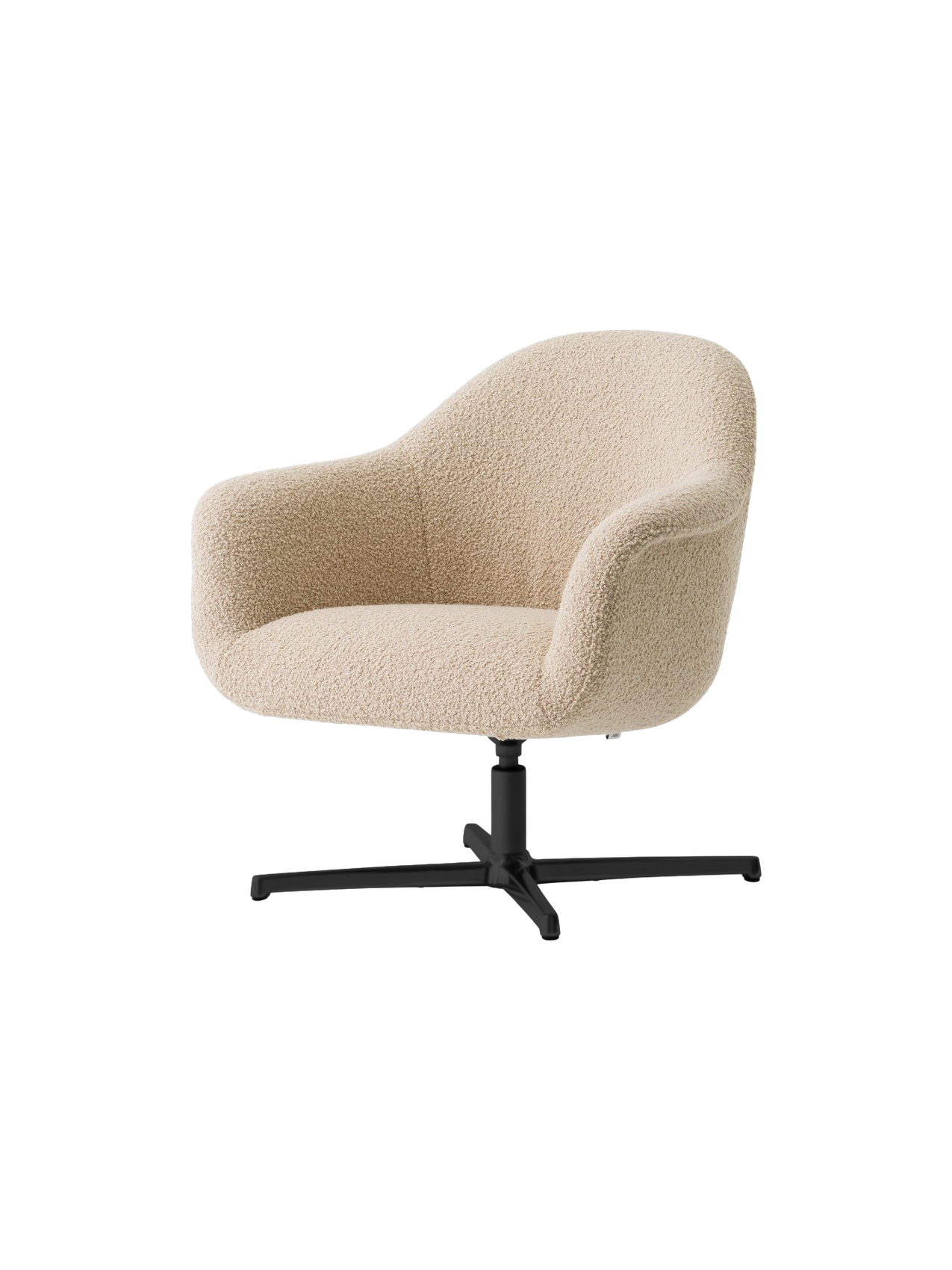 Angled view of the Harbour Lounge Chair with a textured, light beige upholstered shell and a black, star-shaped swivel base.