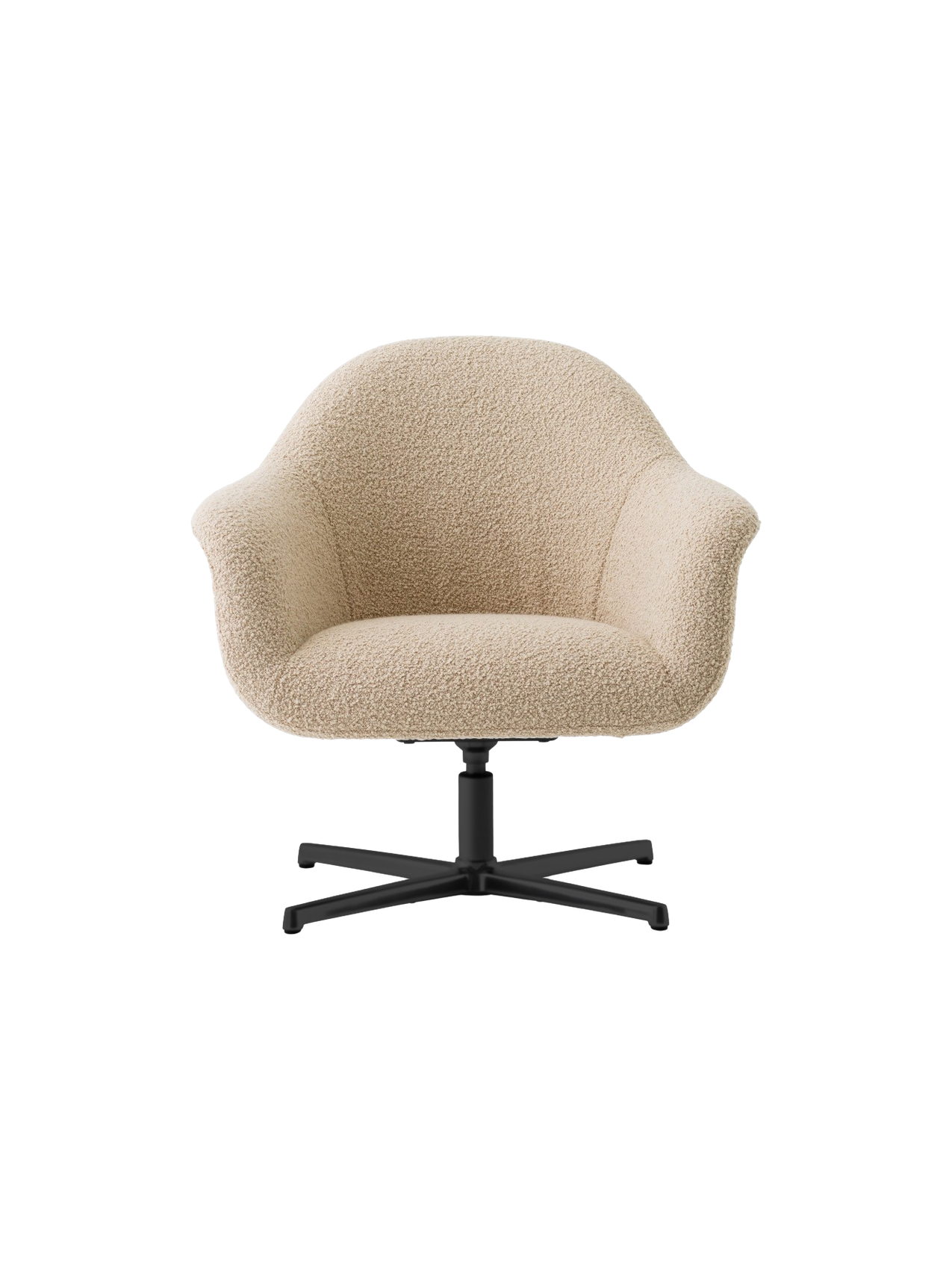 Front view of the Harbour Lounge Chair upholstered in light beige bouclé fabric with a black star swivel base.