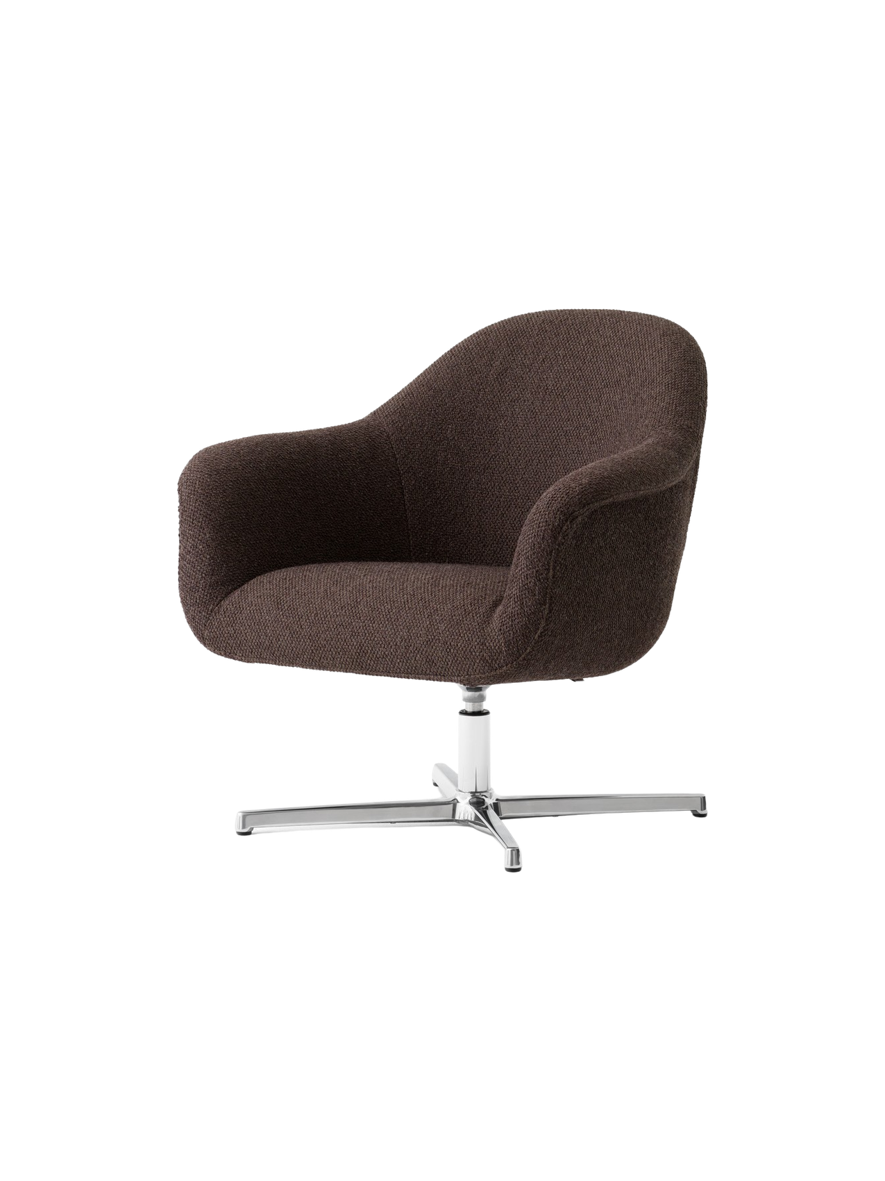 Angled view of the Harbour Lounge Chair upholstered in a dark brown Baena fabric, with a polished aluminium swivel star base.