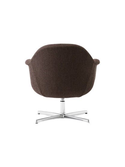 Back view of the Harbour Lounge Chair in brown textile with a polished aluminium star swivel base, on a black background.