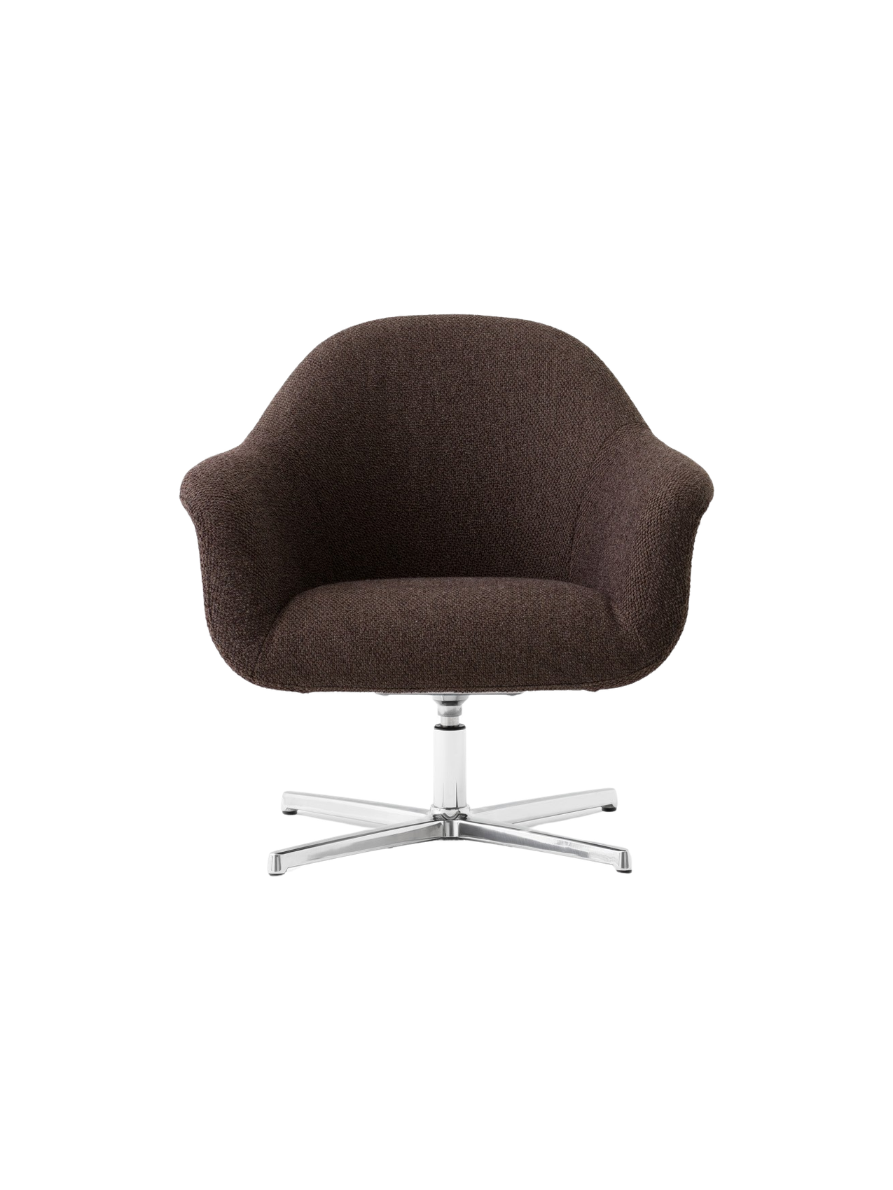 Front view of the Harbour Lounge Chair, upholstered in dark brown Baena fabric with a polished aluminium star swivel base.