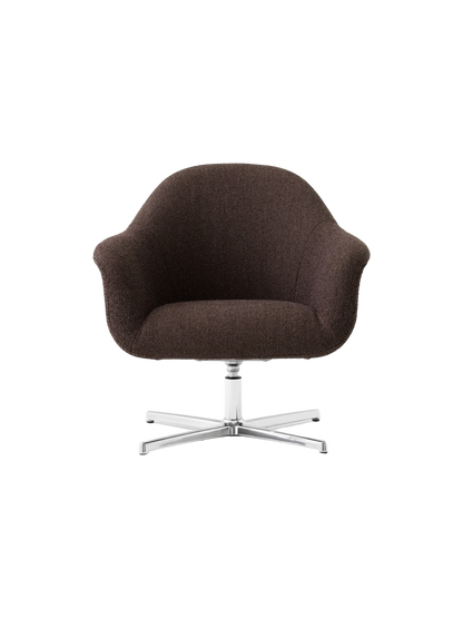 Front view of the Harbour Lounge Chair, upholstered in dark brown Baena fabric with a polished aluminium star swivel base.