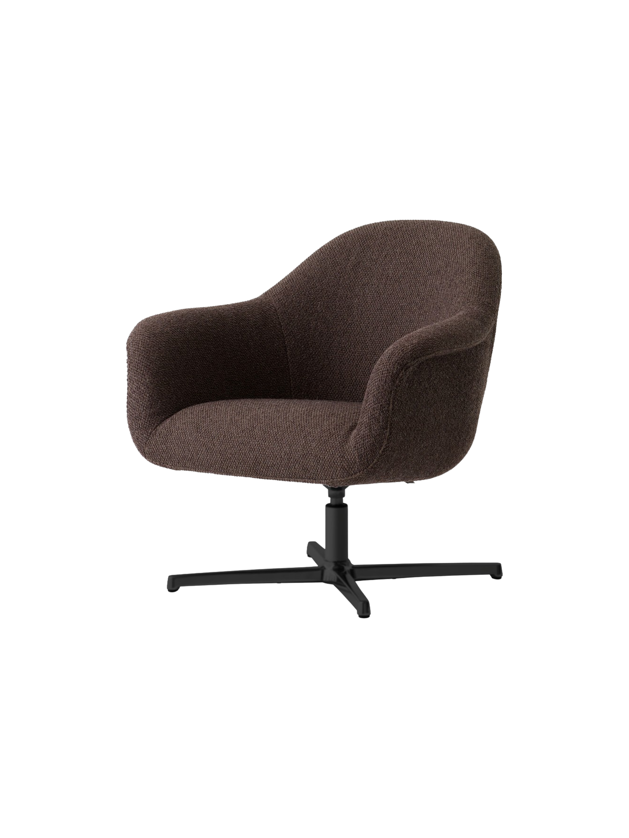 Angled view of the Harbour Lounge Chair, upholstered in dark brown Baena 15 fabric with a black aluminium star swivel base.