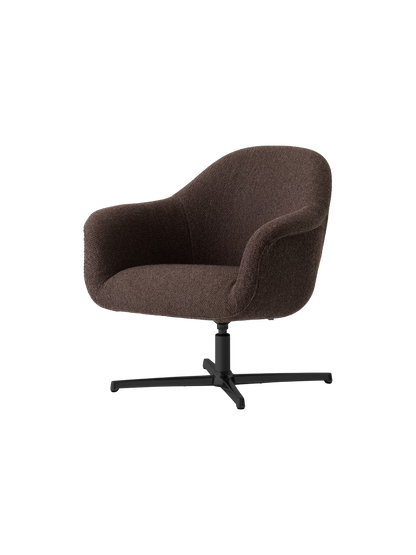 Angled view of the Harbour Lounge Chair, upholstered in dark brown Baena 15 fabric with a black aluminium star swivel base.