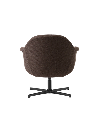 Back view of the Harbour Lounge Chair upholstered in dark brown fabric with a black four-legged star swivel base.