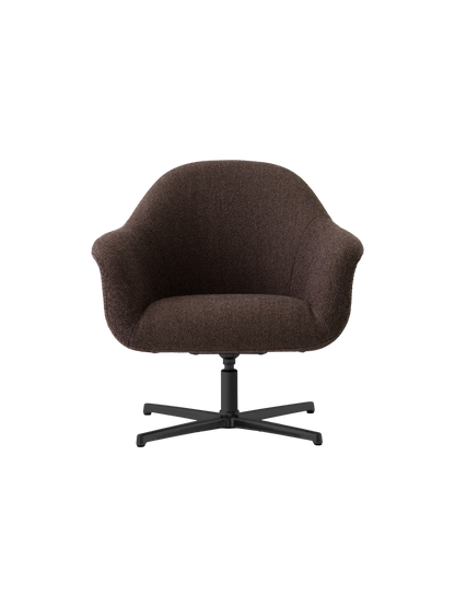 Front view of the Harbour Lounge Chair, upholstered in brown Baena 15 fabric, featuring a black aluminium star swivel base.