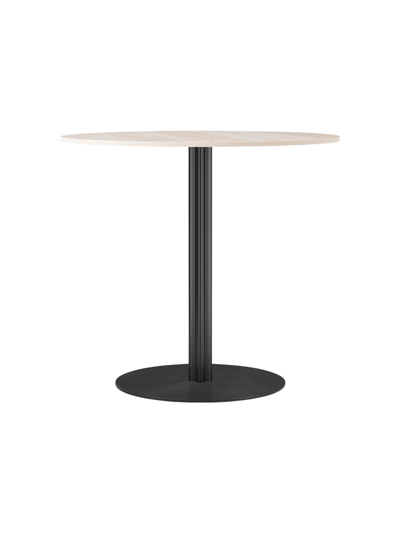Front view of the Harbour Column Dining Table with a round, light-coloured top and a fluted black column on a round base.