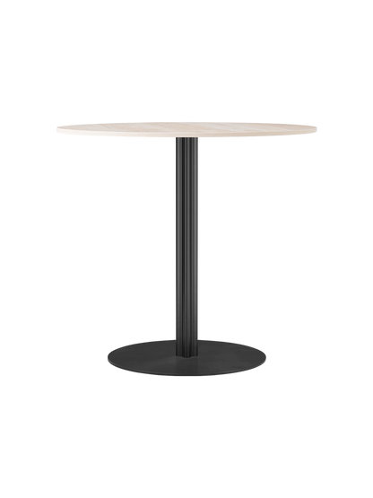 Front view of the Harbour Column Dining Table with a round, light-coloured top and a fluted black column on a round base.