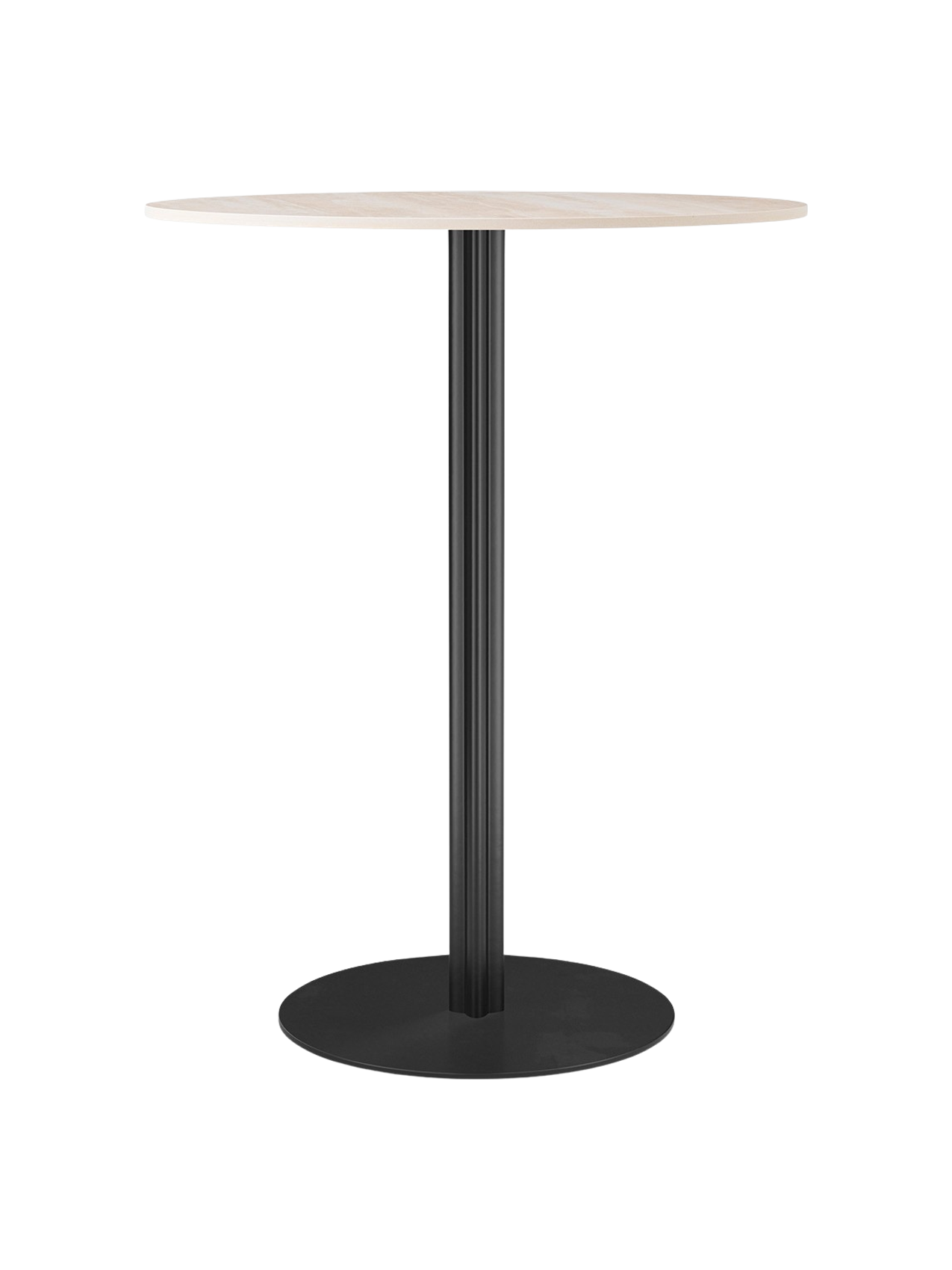 Front view of the Harbour Column Bar Table, showing its light round top, slender black fluted column, and flat round base.