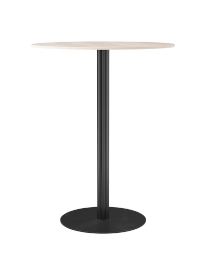 Front view of the Harbour Column Bar Table, showing its light round top, slender black fluted column, and flat round base.