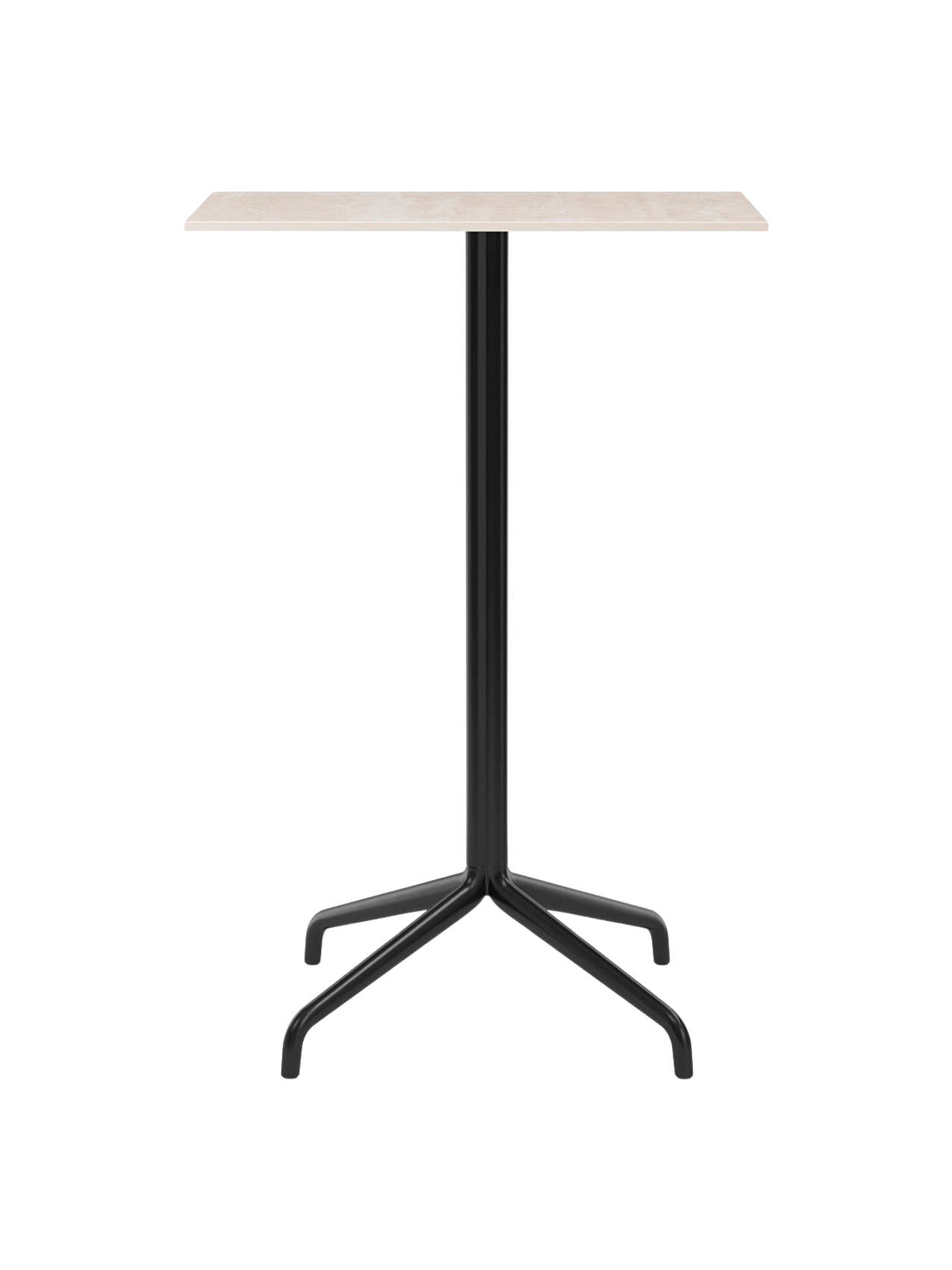 Front view of the Harbour Column Bar Table with a rectangular Kunis Breccia stone top and a black powder-coated star base.