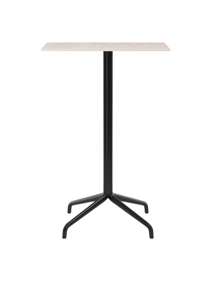 Front view of the Harbour Column Bar Table with a rectangular Kunis Breccia stone top and a black powder-coated star base.