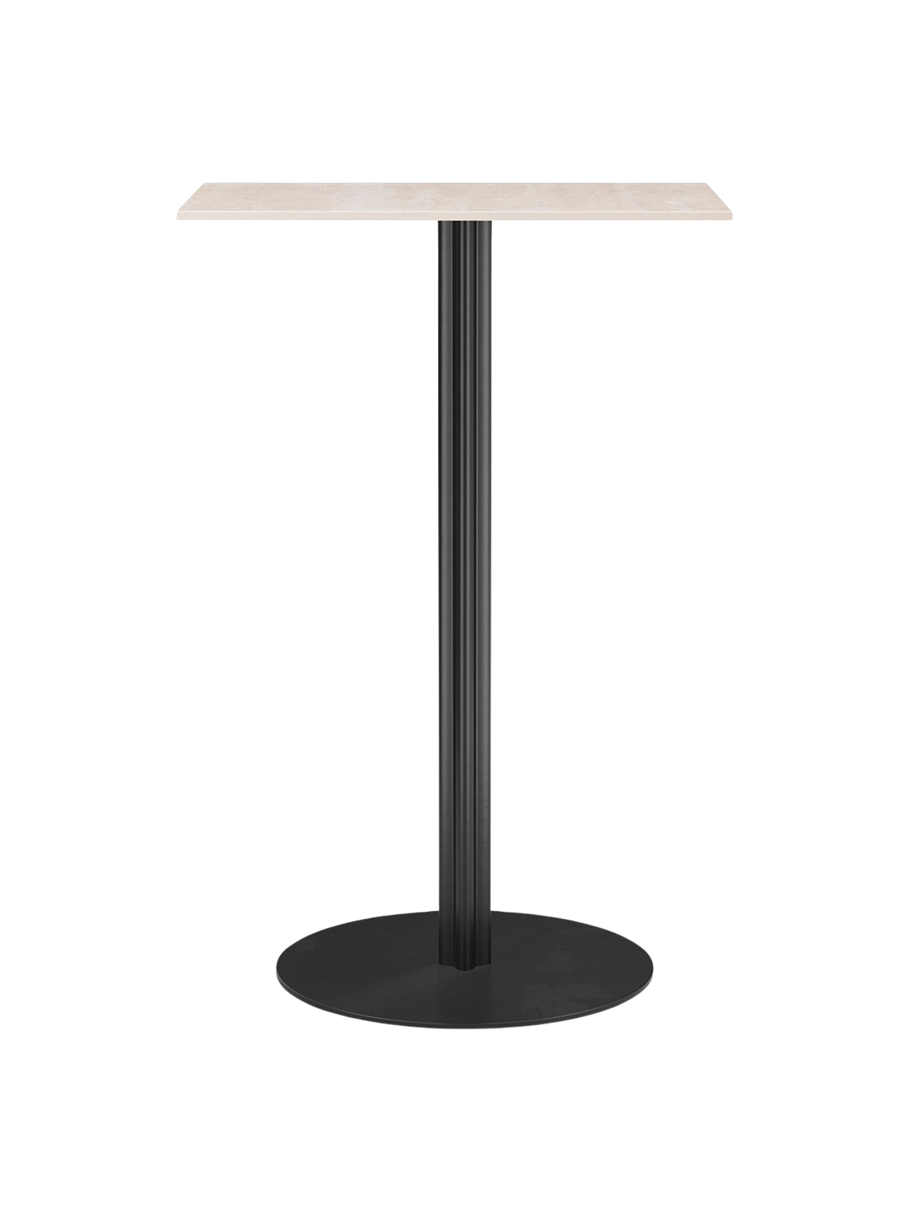 Front view of the Harbour Column Bar Table with a rectangular Kunis Breccia top, a black fluted column, and a round base.
