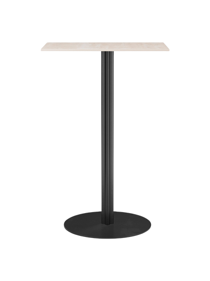 Front view of the Harbour Column Bar Table with a rectangular Kunis Breccia top, a black fluted column, and a round base.