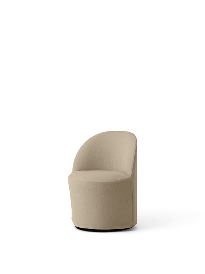 Angled view of the Tearoom Club Chair with Swivel. The chair is upholstered in a sand-coloured, textured Logan fabric.