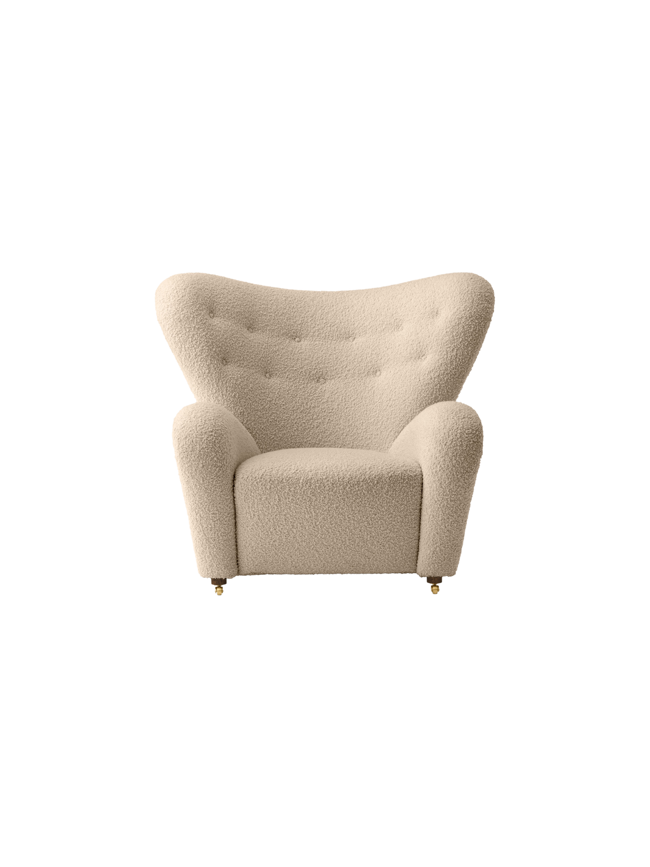 Front view of The Tired Man Lounge Chair in a cream textured fabric, with a high, curved back and button tufting.