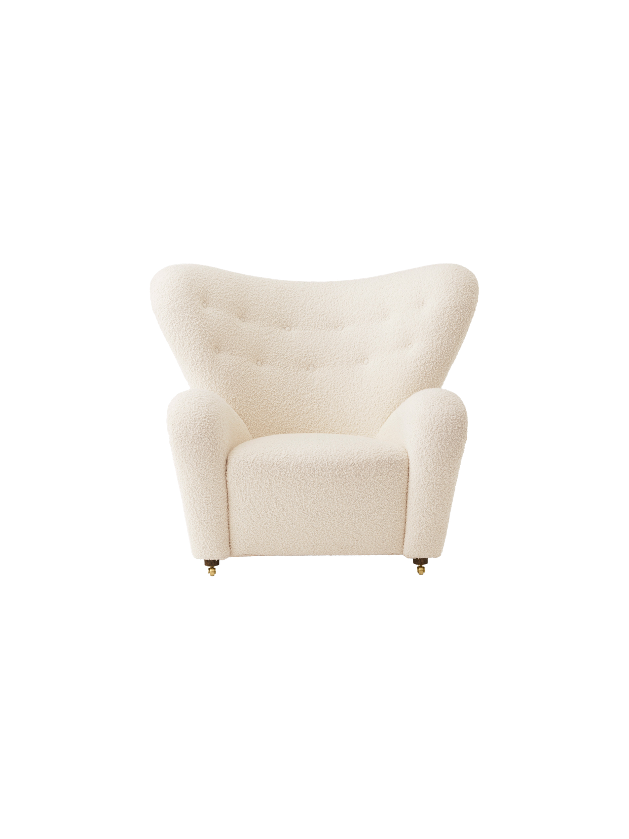 Front view of The Tired Man Lounge Chair. Upholstered in an off-white textured fabric with a high, winged, buttoned back.