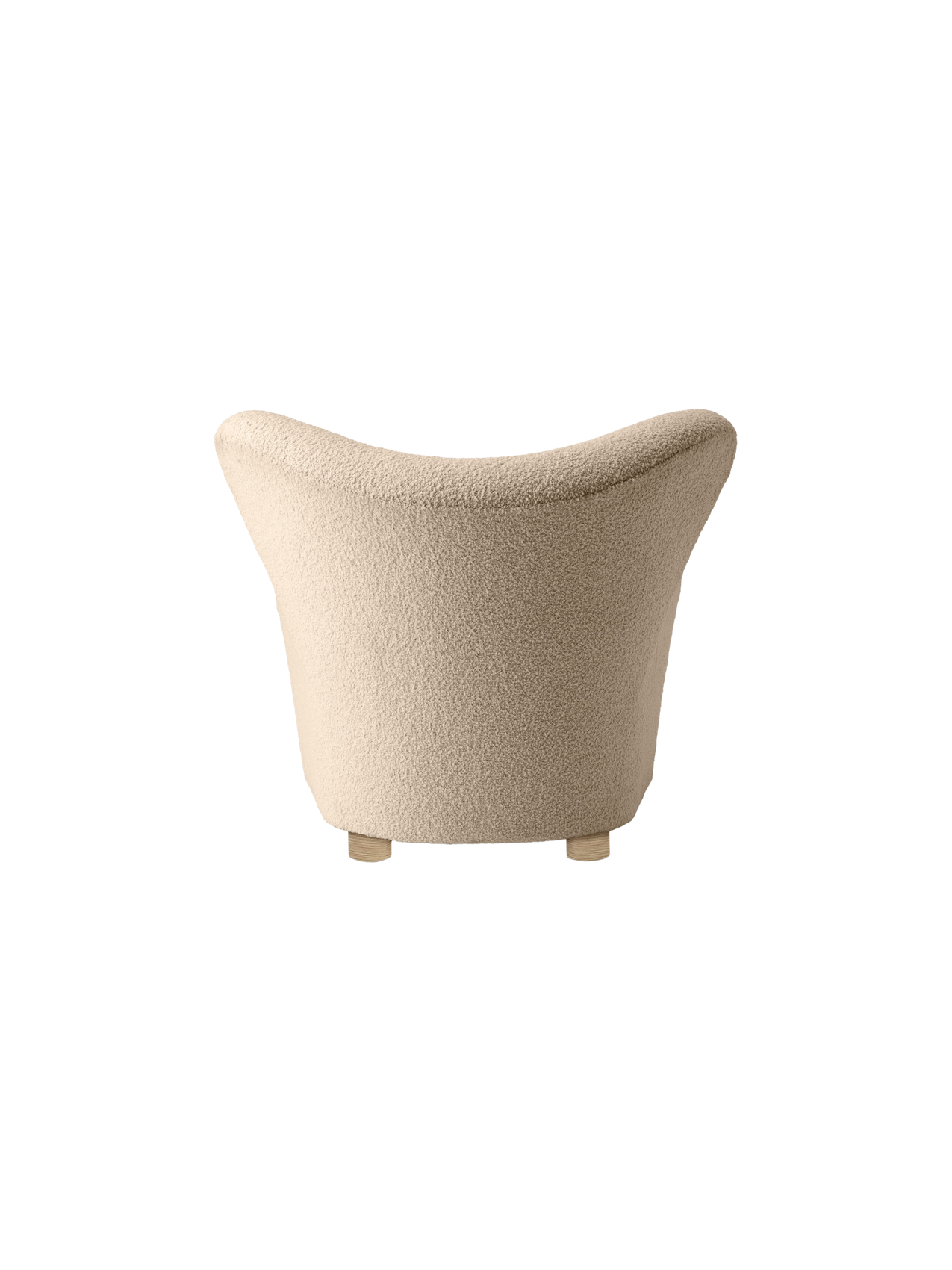 Back view of The Tired Man Lounge Chair in a light textured textile, showing its curved backrest and short wooden legs.