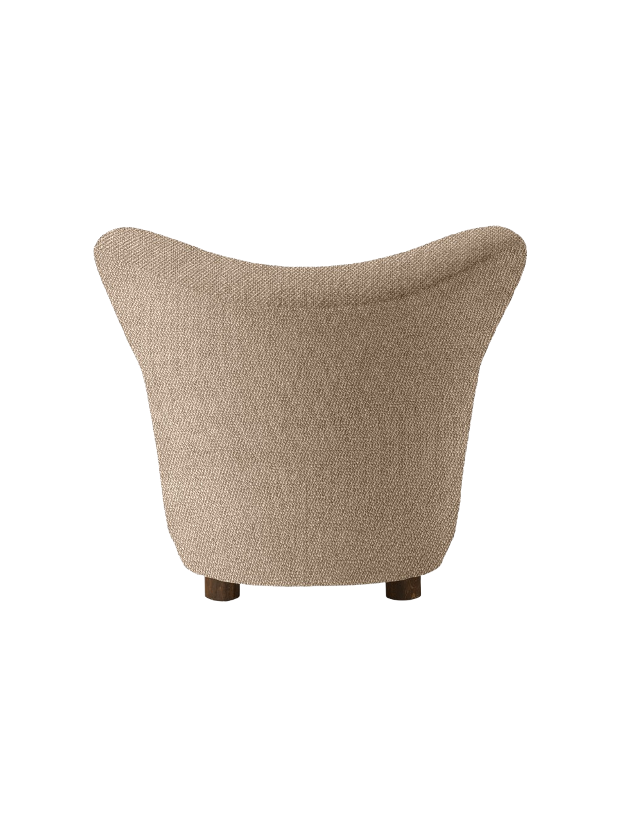Back view of The Tired Man Lounge Chair upholstered in a textured beige textile, showing its curved back and dark oak legs.