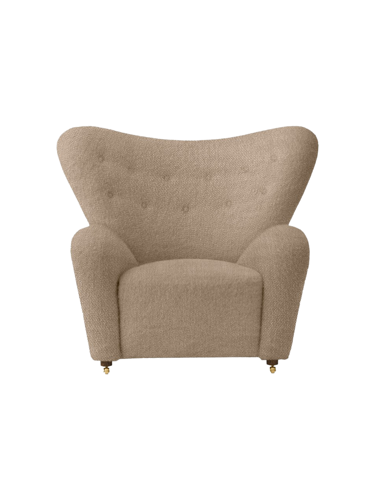 Front view of The Tired Man Lounge Chair upholstered in a textured beige textile, with a high curved back and brass castors.