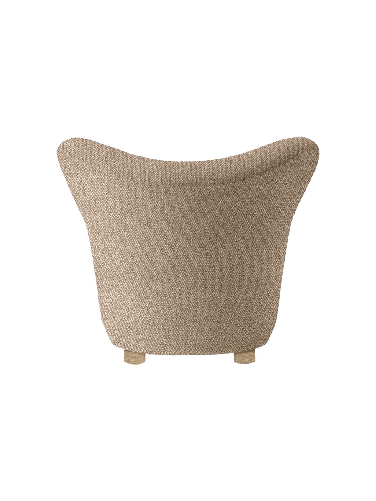 Back view of The Tired Man Lounge Chair in textured beige textile, showing its curved back and short wooden legs.
