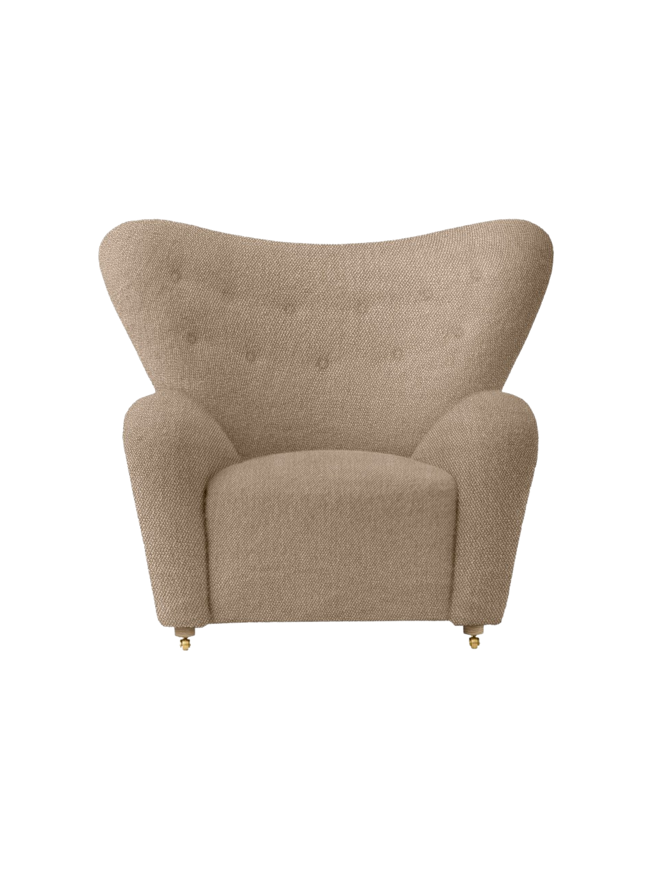 Front view of The Tired Man Lounge Chair in light brown textile. It has a high, winged back, rounded arms, and brass castors.
