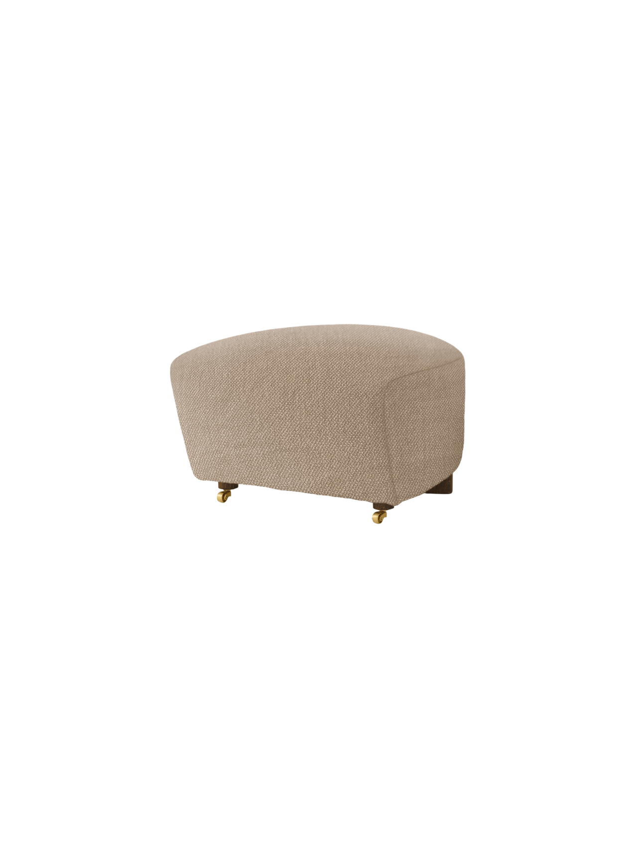 The Tired Man Ottoman in beige textile with dark wood legs and front brass casters, pictured on a black background.