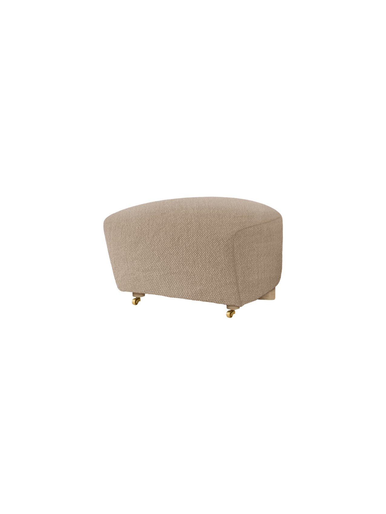 The Tired Man Ottoman in a beige textile with natural oak legs and brass casters, shown from an angle on a black background.