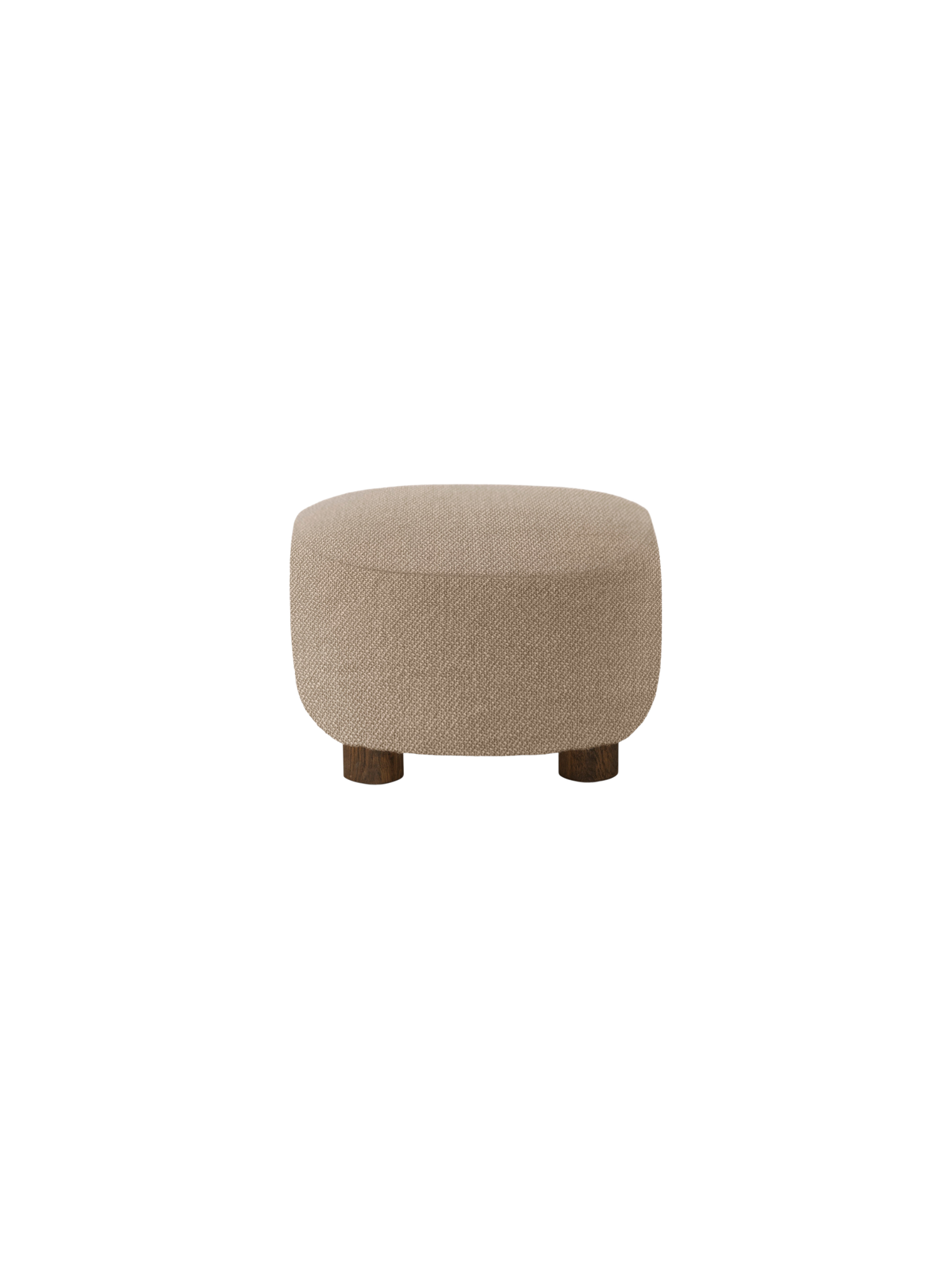 A back view of The Tired Man Ottoman, upholstered in a light brown textile, standing on four short, dark-stained oak legs.