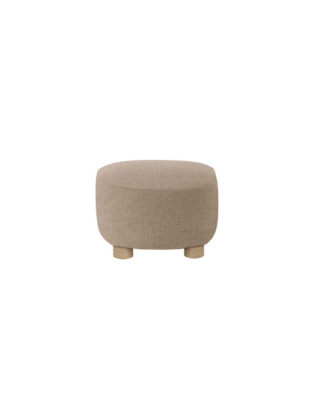 Back view of The Tired Man Ottoman, upholstered in a textured, light brown textile with four short, natural oak legs.