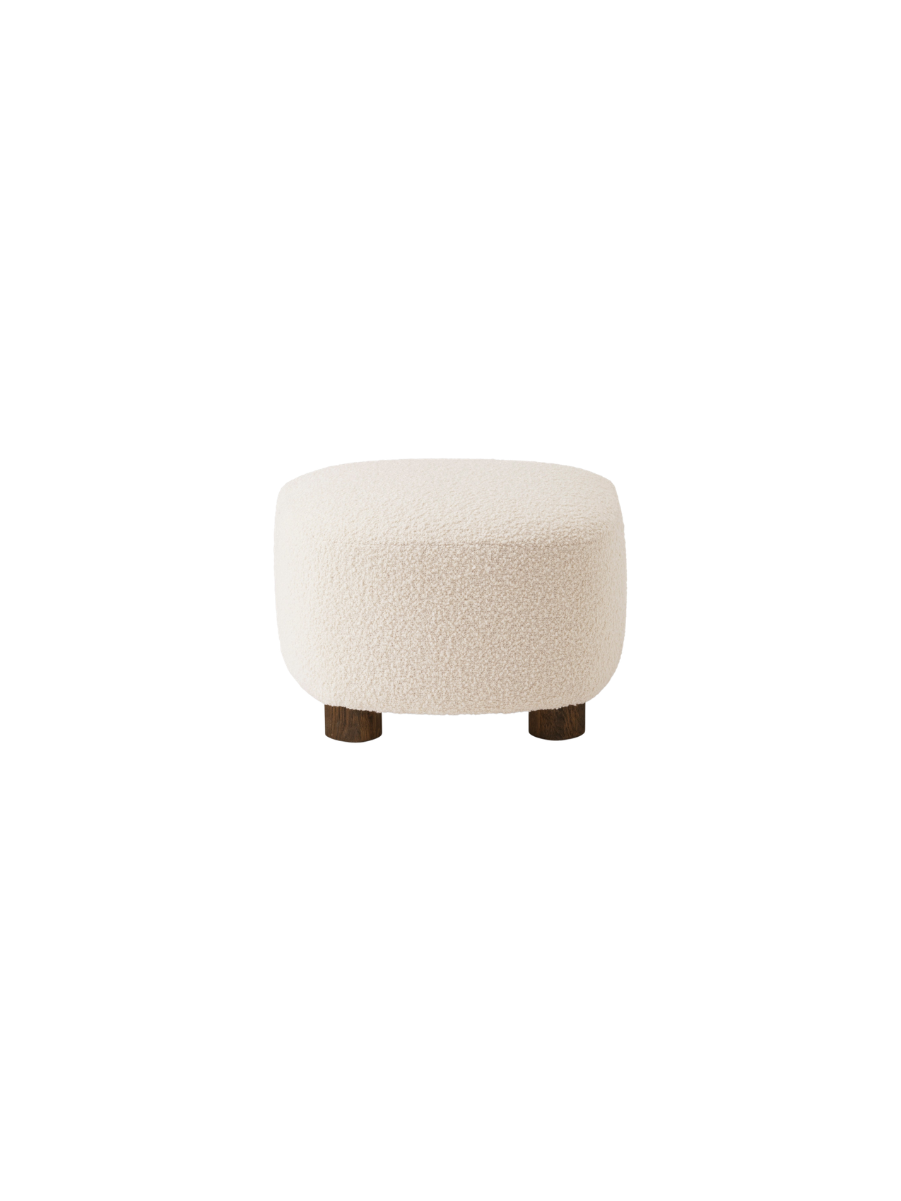 Back view of The Tired Man Ottoman in plush, off-white textile. It has a rounded shape and sits on four short, dark oak legs.