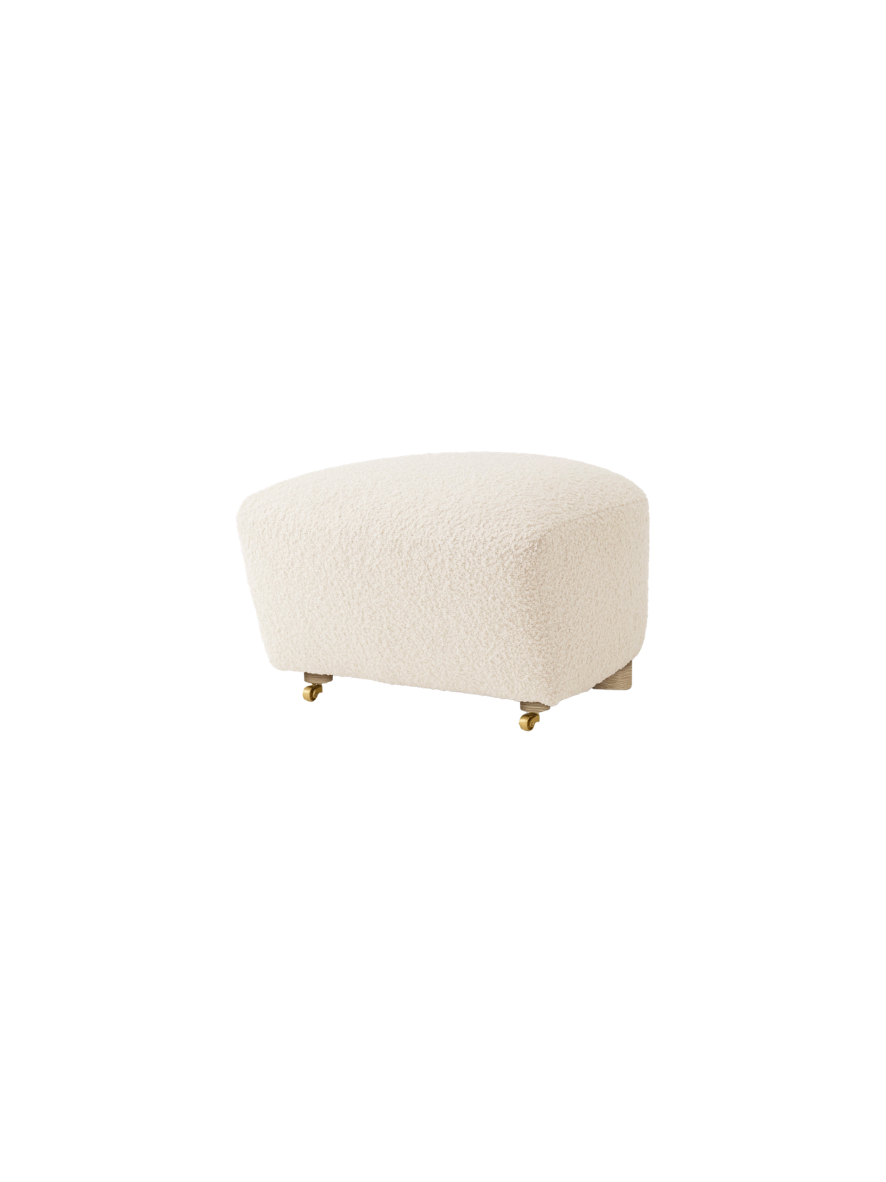 An angled view of The Tired Man Ottoman, upholstered in an off-white, textured Logan Flint fabric on a black background.