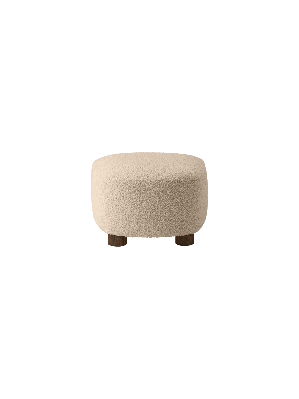 Back view of The Tired Man Ottoman, upholstered in a cream textured textile, showing its rounded shape and dark wooden legs.
