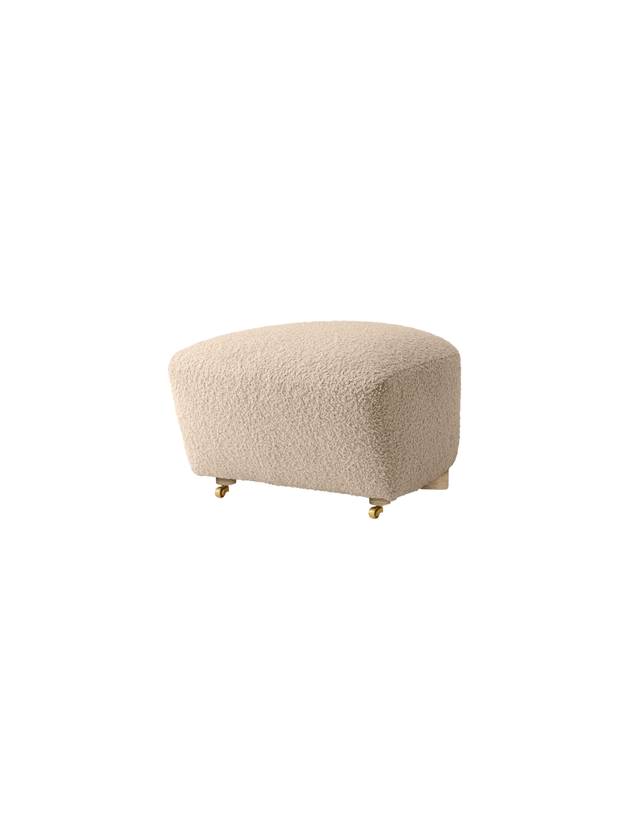 The Tired Man Ottoman in a light, plush textile, with light wooden back legs and brass casters on the front.