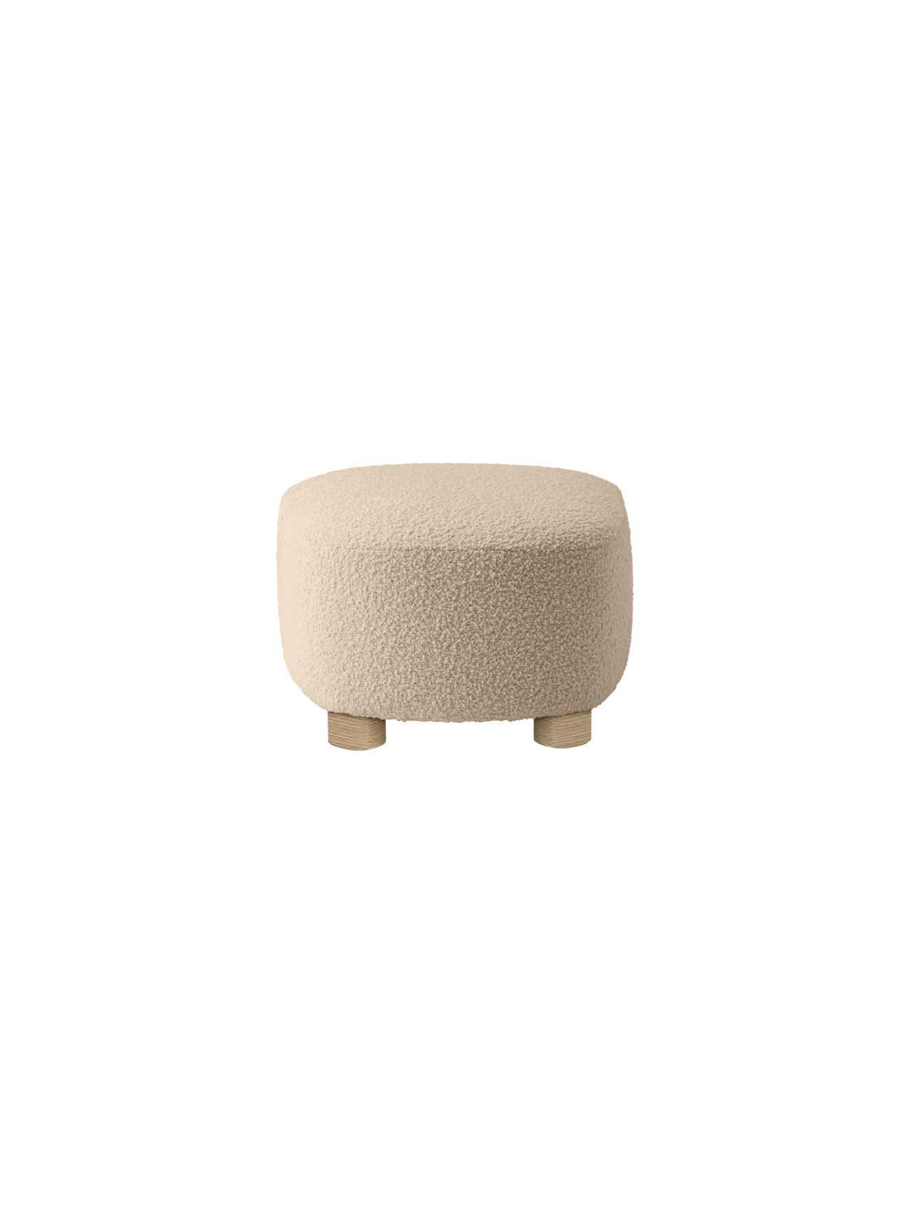 The Tired Man Ottoman, seen from the back, upholstered in a cream textured fabric with four short, stout light oak legs.