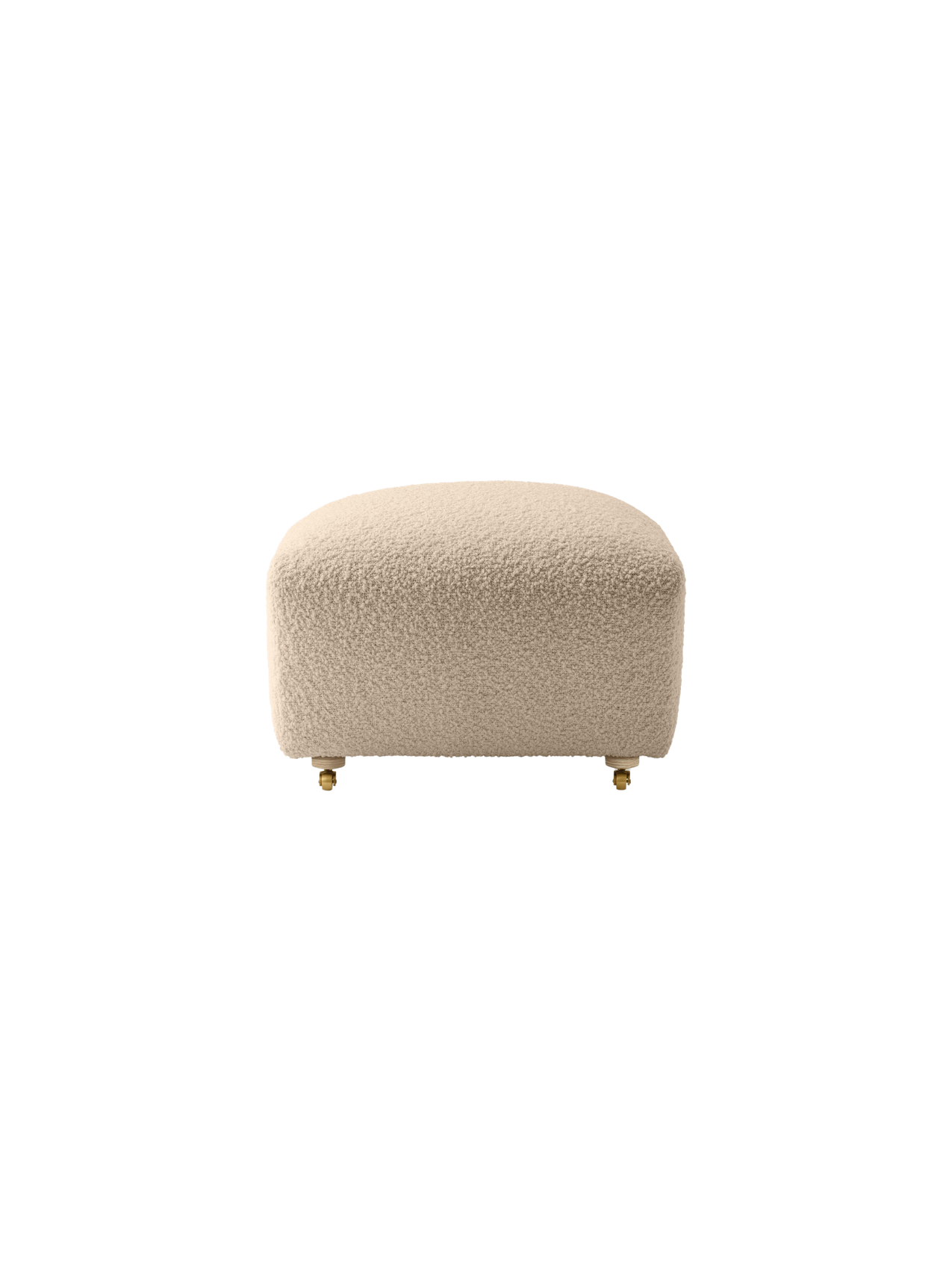 Front view of The Tired Man Ottoman upholstered in a light, textured textile, with natural oak legs and front brass casters.