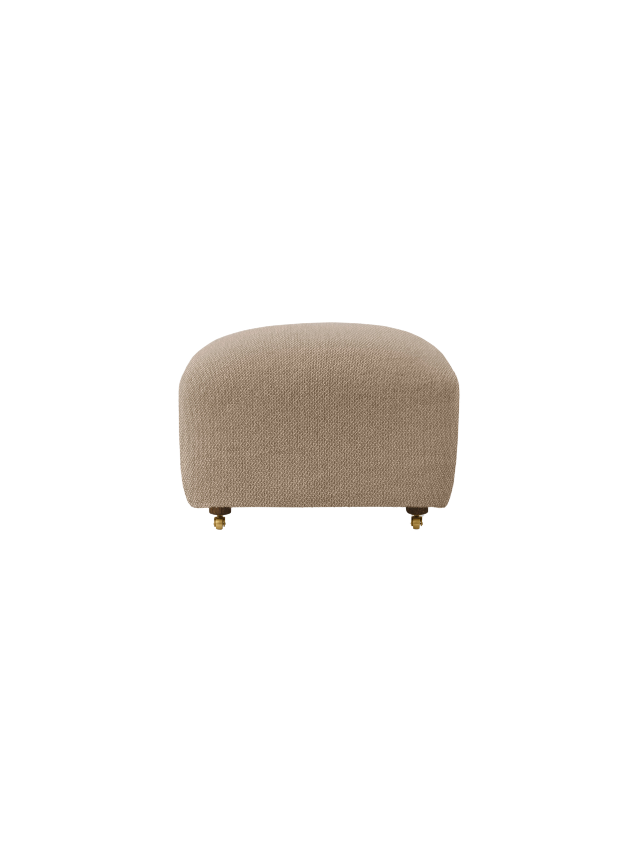 Front view of The Tired Man Ottoman in a light brown textile with a rounded shape, wooden legs, and front brass casters.