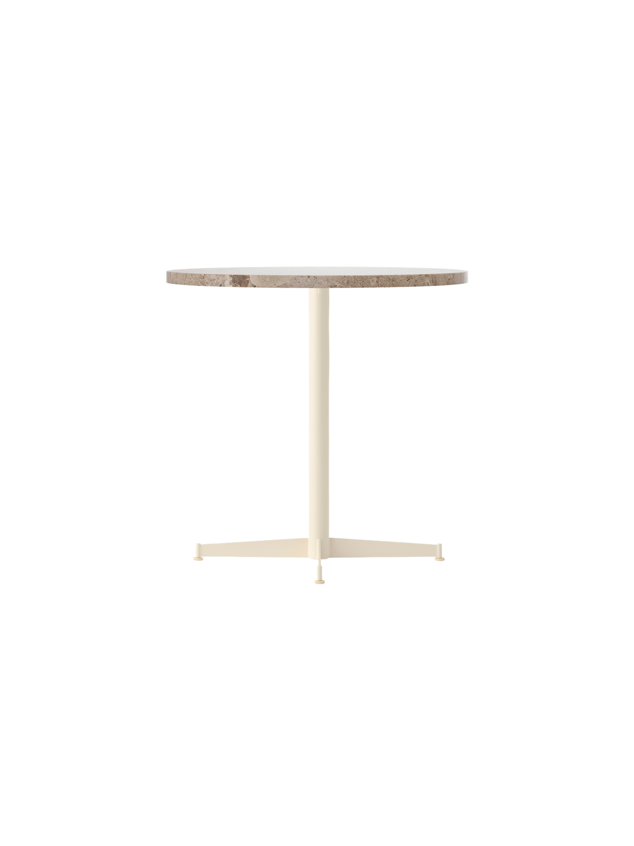 Side view of the Nook Dining Table with a round Kunis Breccia stone top and an ivory powder-coated steel four-star base.