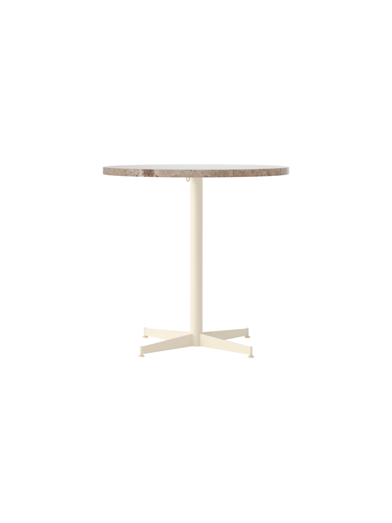 Front view of the Nook Dining Table with a round Kunis Breccia stone top and an ivory powder-coated steel four-star base.