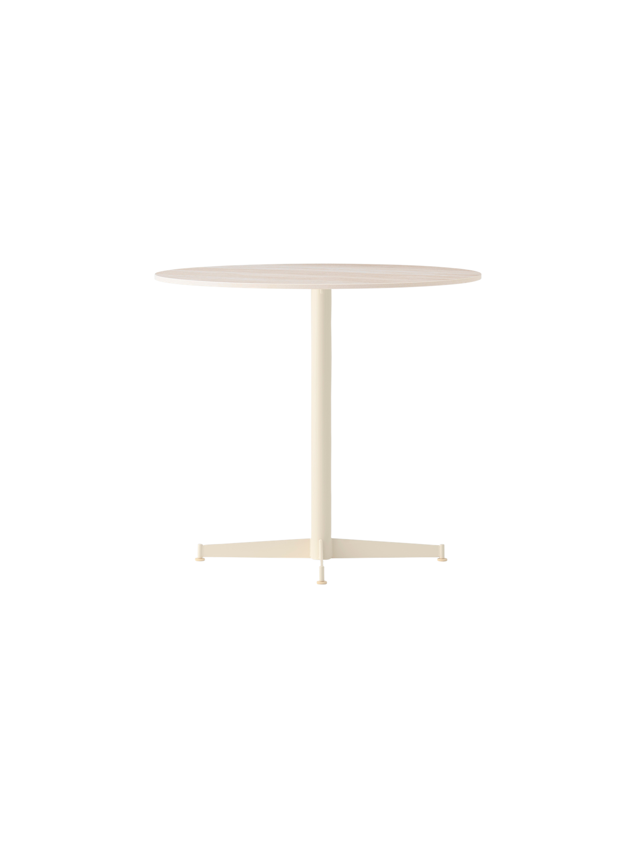 Angle view of the Nook Dining Table, featuring a round Estremoz Marble top and an ivory powder-coated steel four-star base.