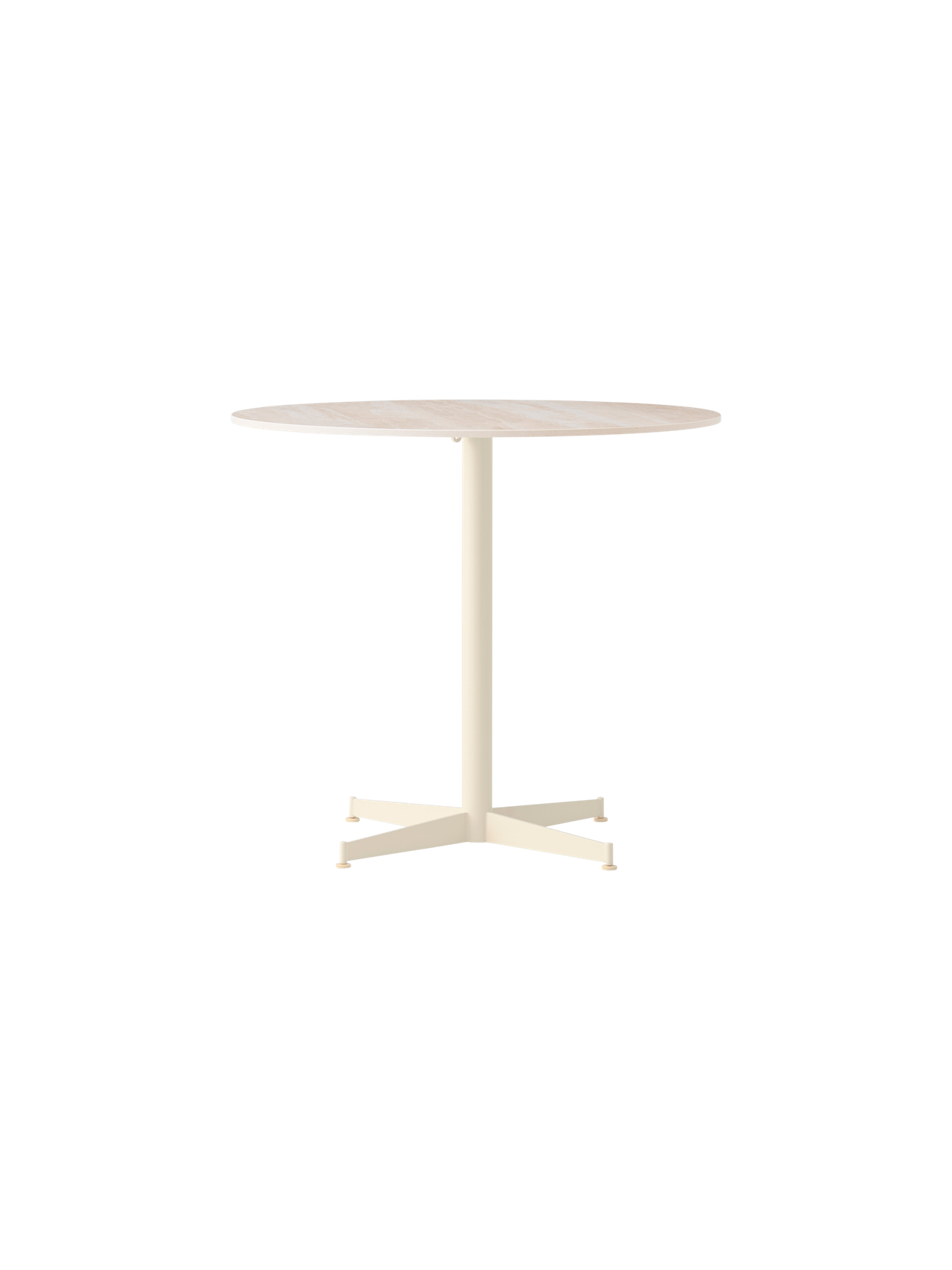 Front view of the Nook Dining Table with a round, light stone tabletop, a slim ivory central stem and four-star base.