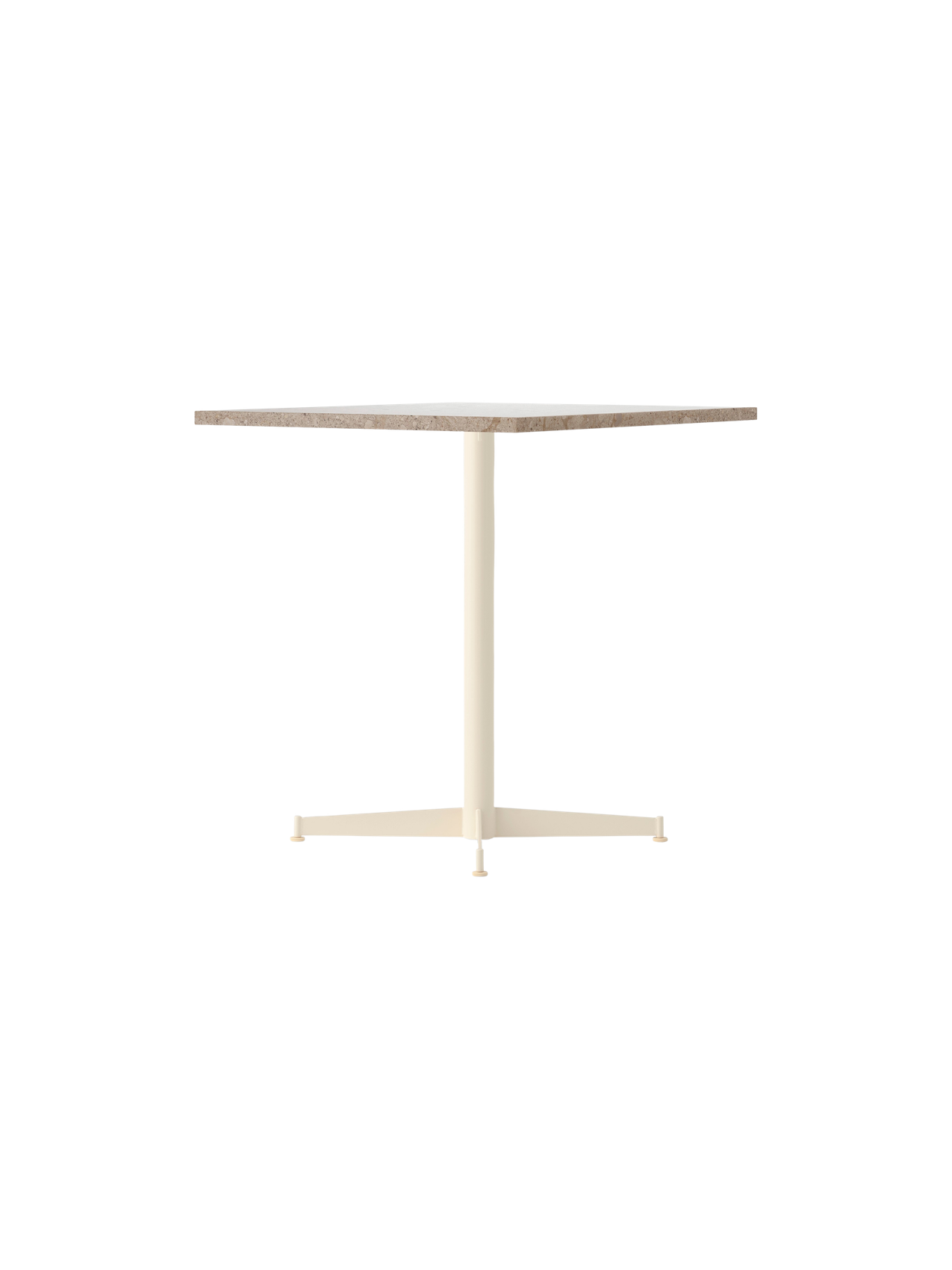 Angle view of the Nook Dining Table, featuring a rectangular Kunis Breccia stone top and an ivory four-star pedestal base.