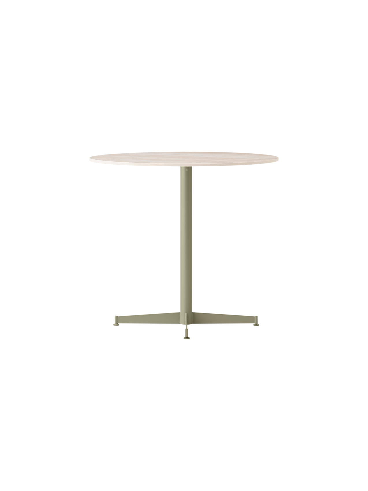Angle view of the Nook Dining Table, featuring an olive powder-coated steel four-star base and a light round tabletop.